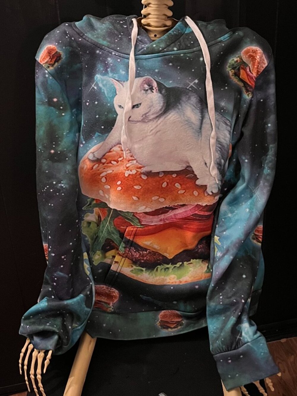 Galaxy Cat Cheeseburger Graphic Hoodie Size M